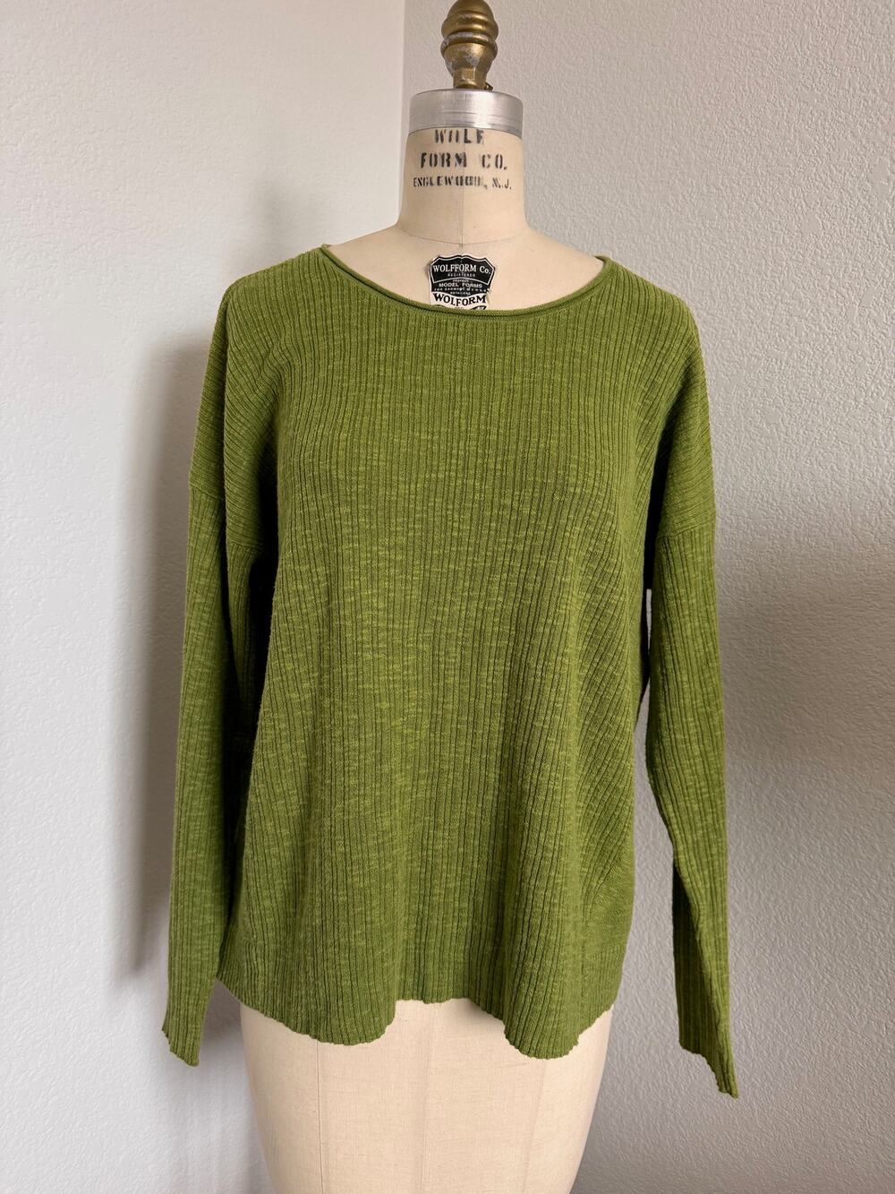 Eileen Fisher | Green Ribbed Linen Cotton Sweater L Minimalist Boat Neck